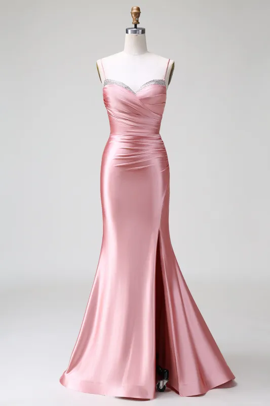 Blush Mermaid Spaghetti Straps Satin Prom Dress with Slit sold by Zapaka