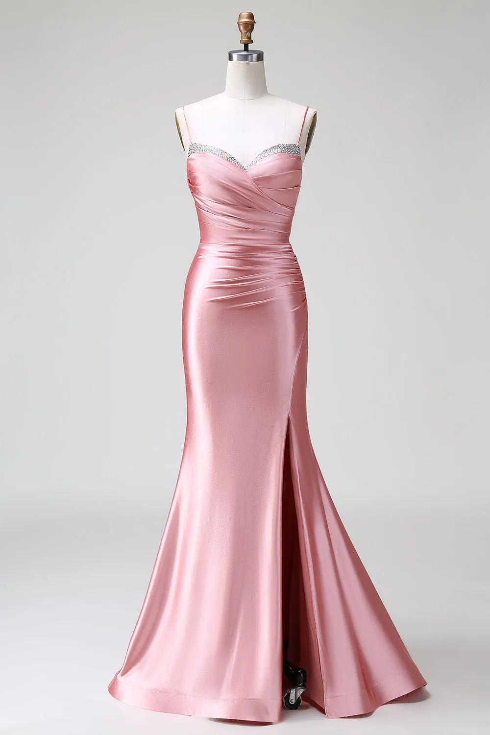 Blush Mermaid Spaghetti Straps Satin Prom Dress with Slit sold by Zapaka