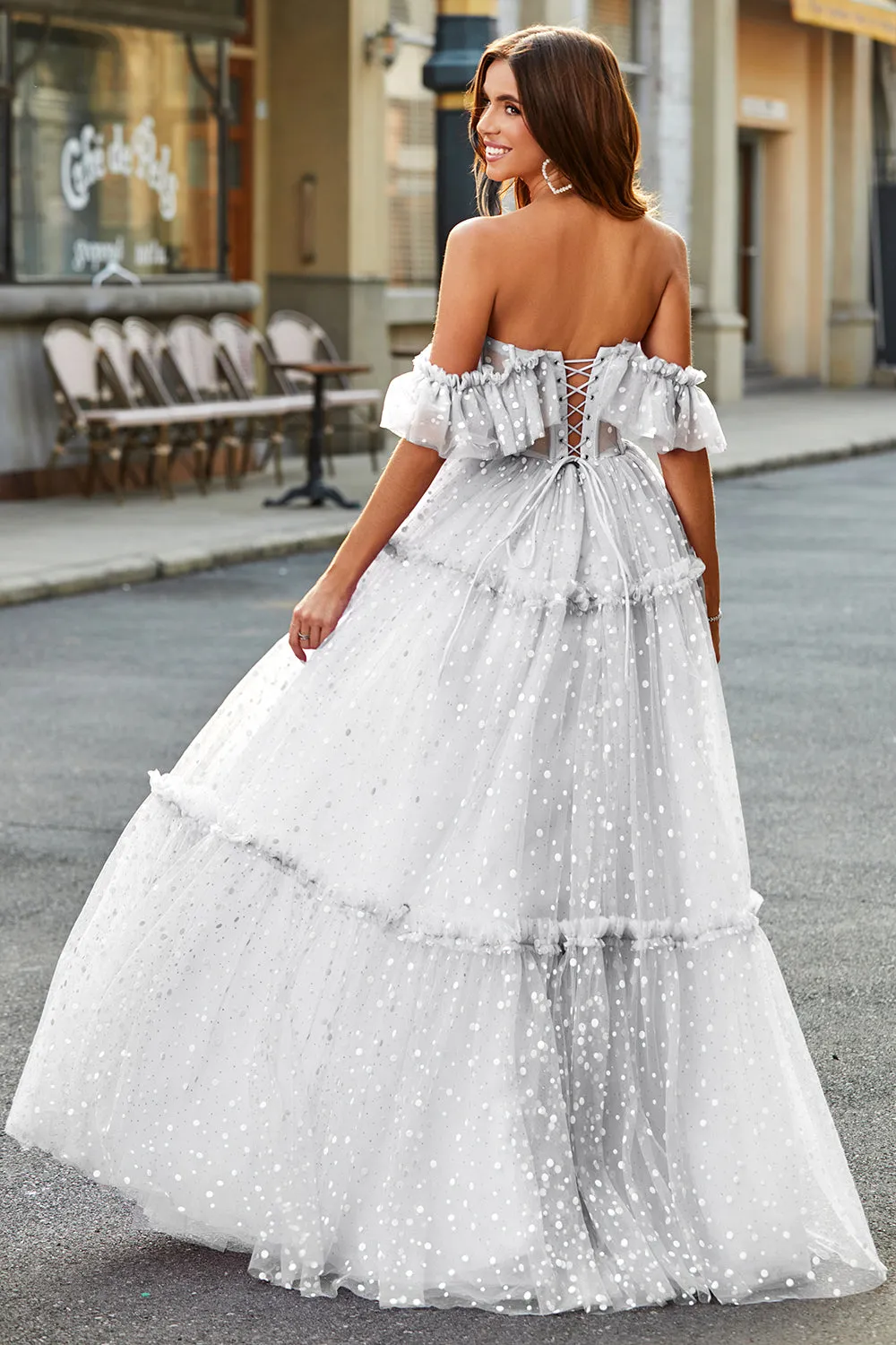 White Off the Shoulder Corset Polka Dots Long Prom Dress sold by Zapaka product image thumbnail 2