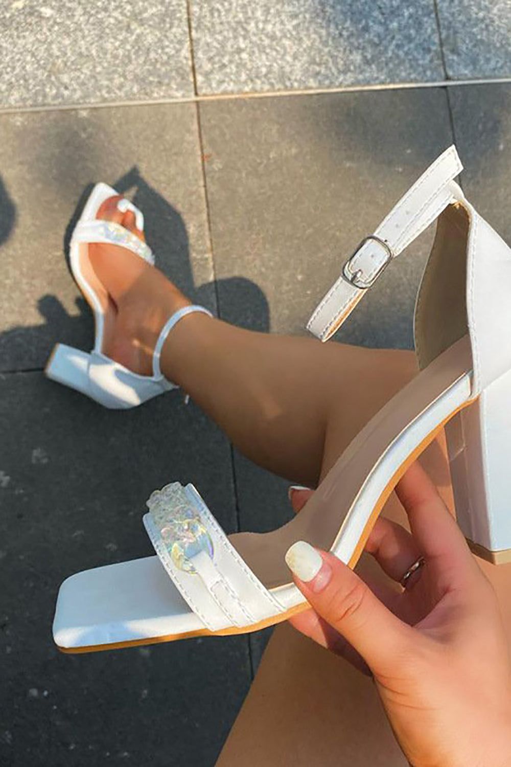 White Block Heeled Ankle Strap Sandal sold by Zapaka product image thumbnail 2