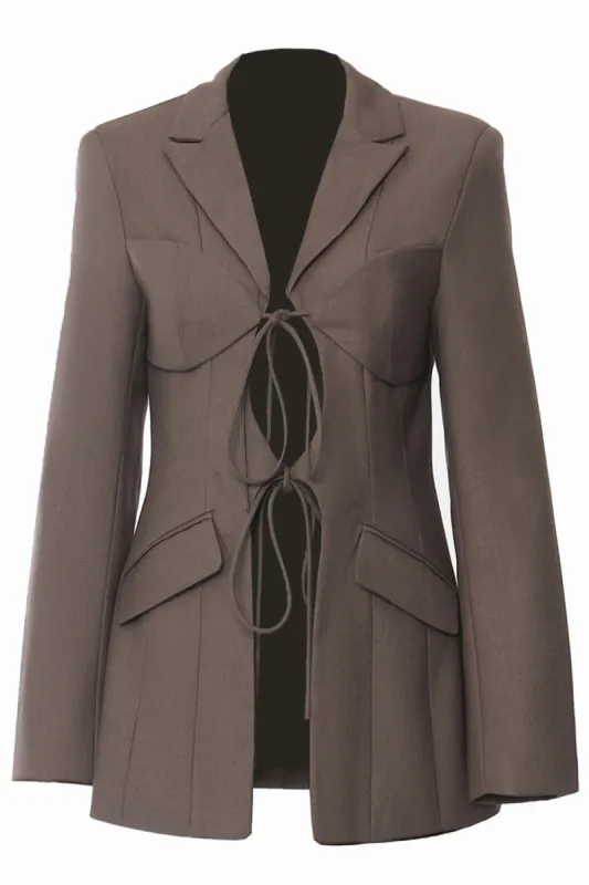 Coffee Slim Fit Lace-up Women Blazer sold by Zapaka