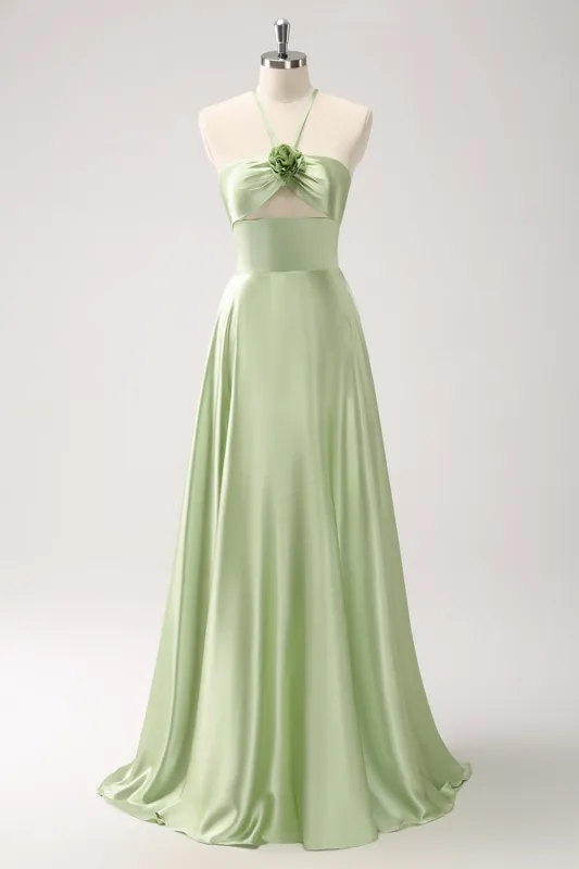 Light Green A-Line Halter Hollow Out Satin Bridesmaid Dress with Flower sold by Zapaka
