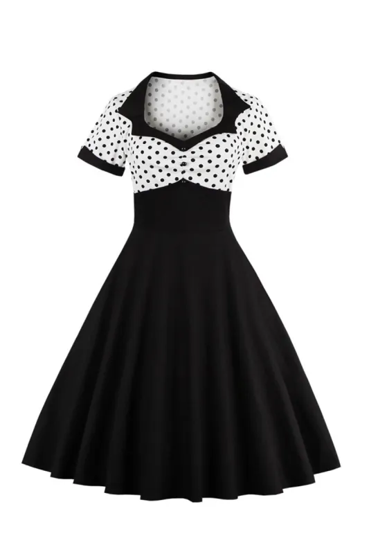 Black Polka Dots Swing 1950s Dress with Short Sleeves sold by Zapaka