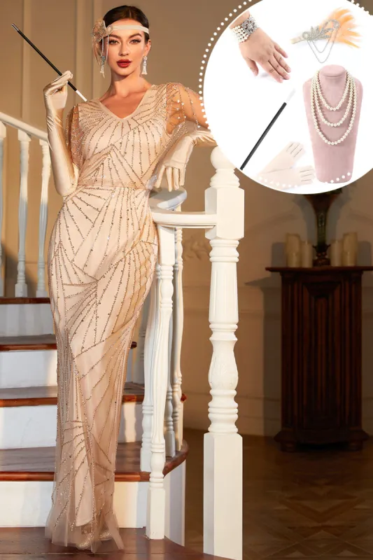 Light Khaki Sequined Long 1920s Gatsby Dress with Accessories Set sold by Zapaka
