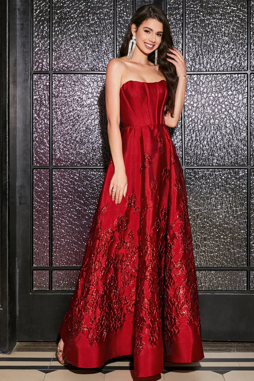 A-Line Strapless Elegant Princess Dark Red Long Prom Dress with 3D Flowers sold by Zapaka product image thumbnail 3