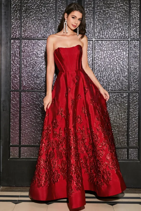A-Line Strapless Elegant Princess Dark Red Long Prom Dress with 3D Flowers sold by Zapaka