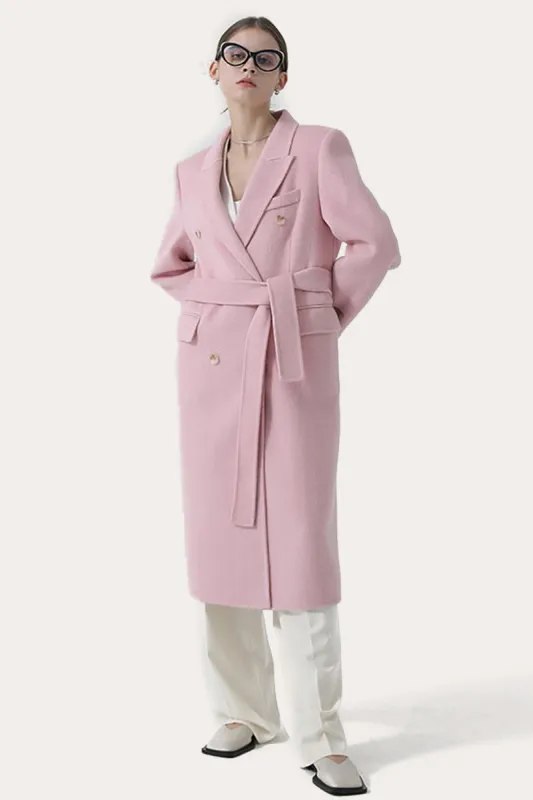 Pink Peak Lapel Double Breasted Long Women Wool Coat sold by Zapaka