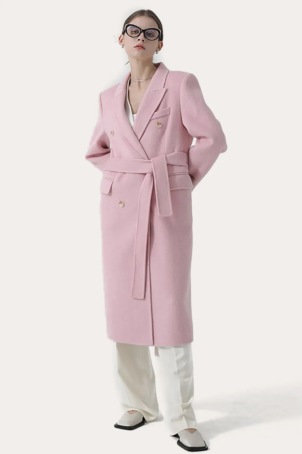 Pink Peak Lapel Double Breasted Long Women Wool Coat sold by Zapaka