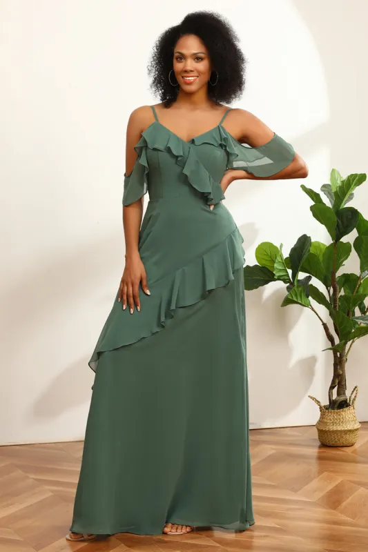 Eucalyptus Spaghetti Straps Long Bridesmaid Dress with Ruffles sold by Zapaka