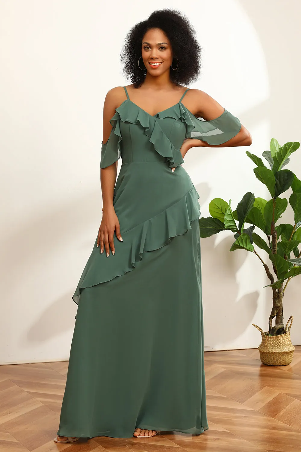 Eucalyptus Spaghetti Straps Long Bridesmaid Dress with Ruffles sold by Zapaka
