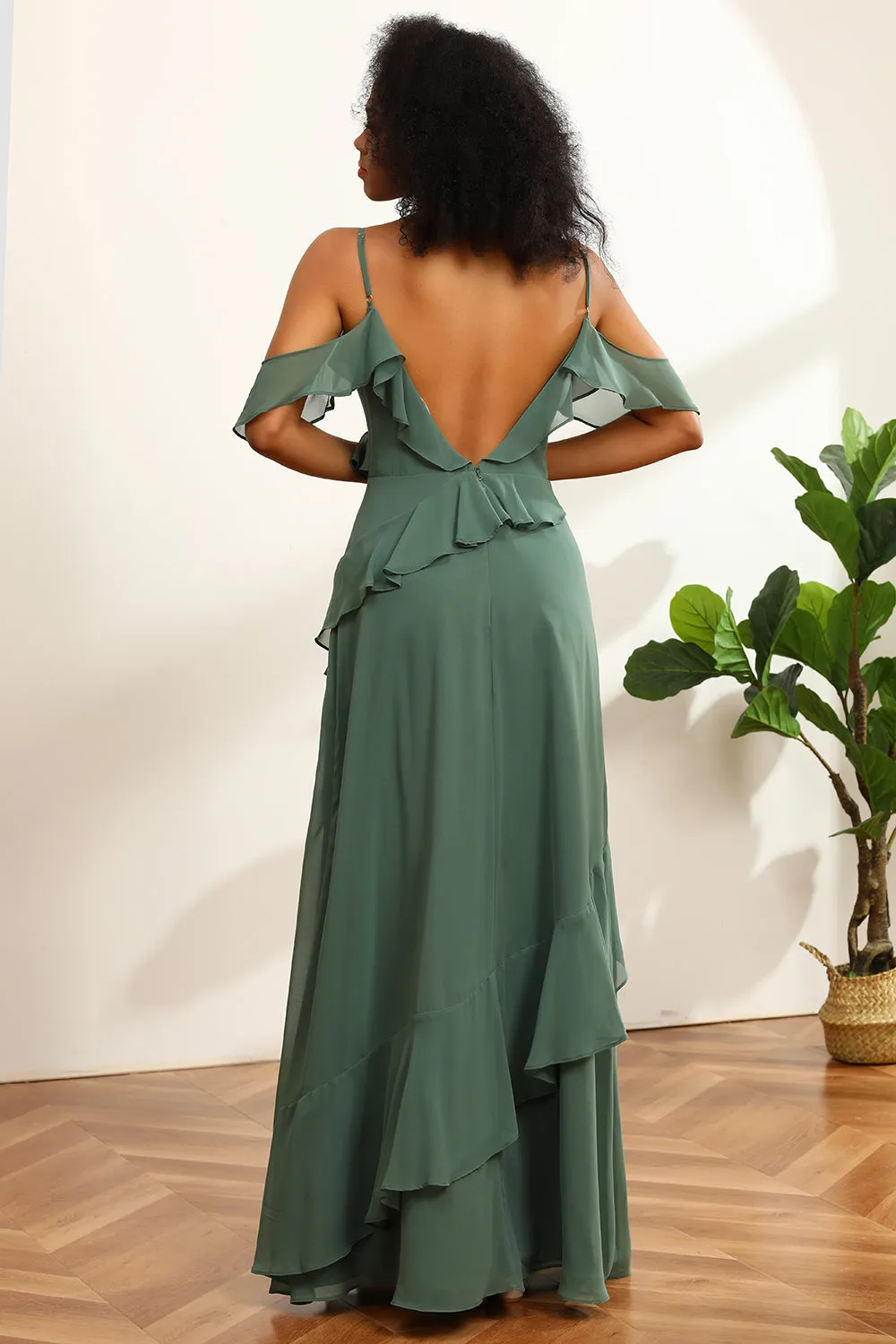 Eucalyptus Spaghetti Straps Long Bridesmaid Dress with Ruffles sold by Zapaka product image thumbnail 2