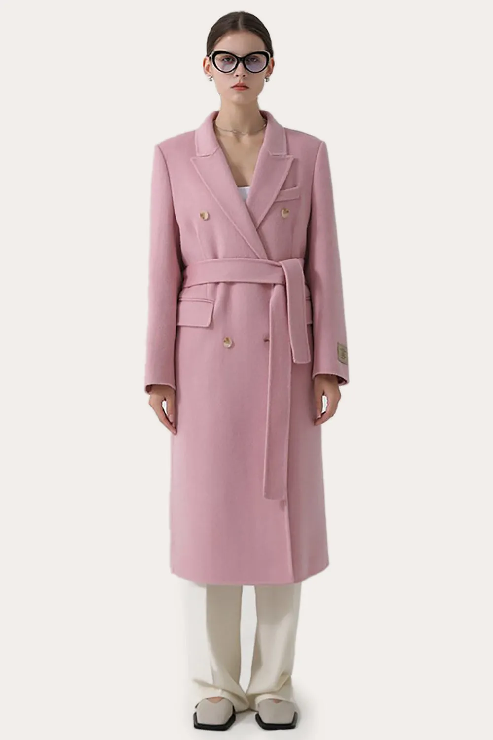 Pink Peak Lapel Double Breasted Long Women Wool Coat sold by Zapaka product image thumbnail 3