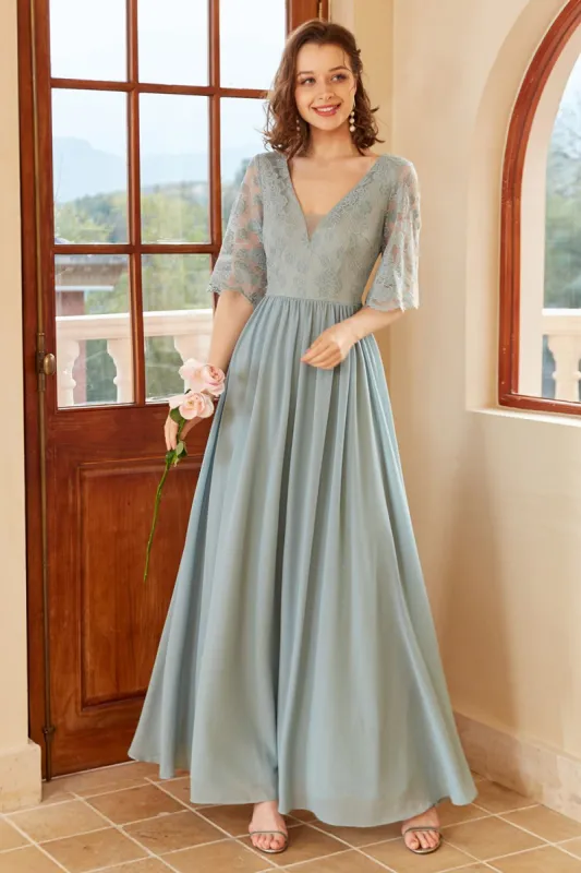 Blue Long Chiffon Bridesmaid Dress with Sleeves sold by Zapaka