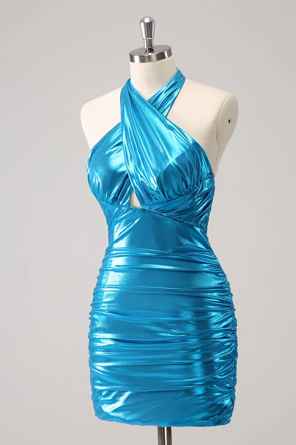 Metallic Tight Halter Backless Satin Blue Homecoming Dress sold by Zapaka product image thumbnail 3