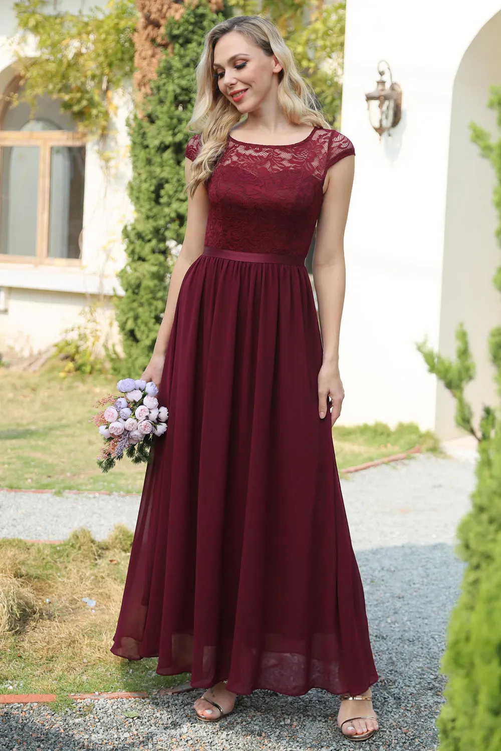 Burgundy Cap Sleeves Chiffon Bridesmaid Dress sold by Zapaka product image thumbnail 4