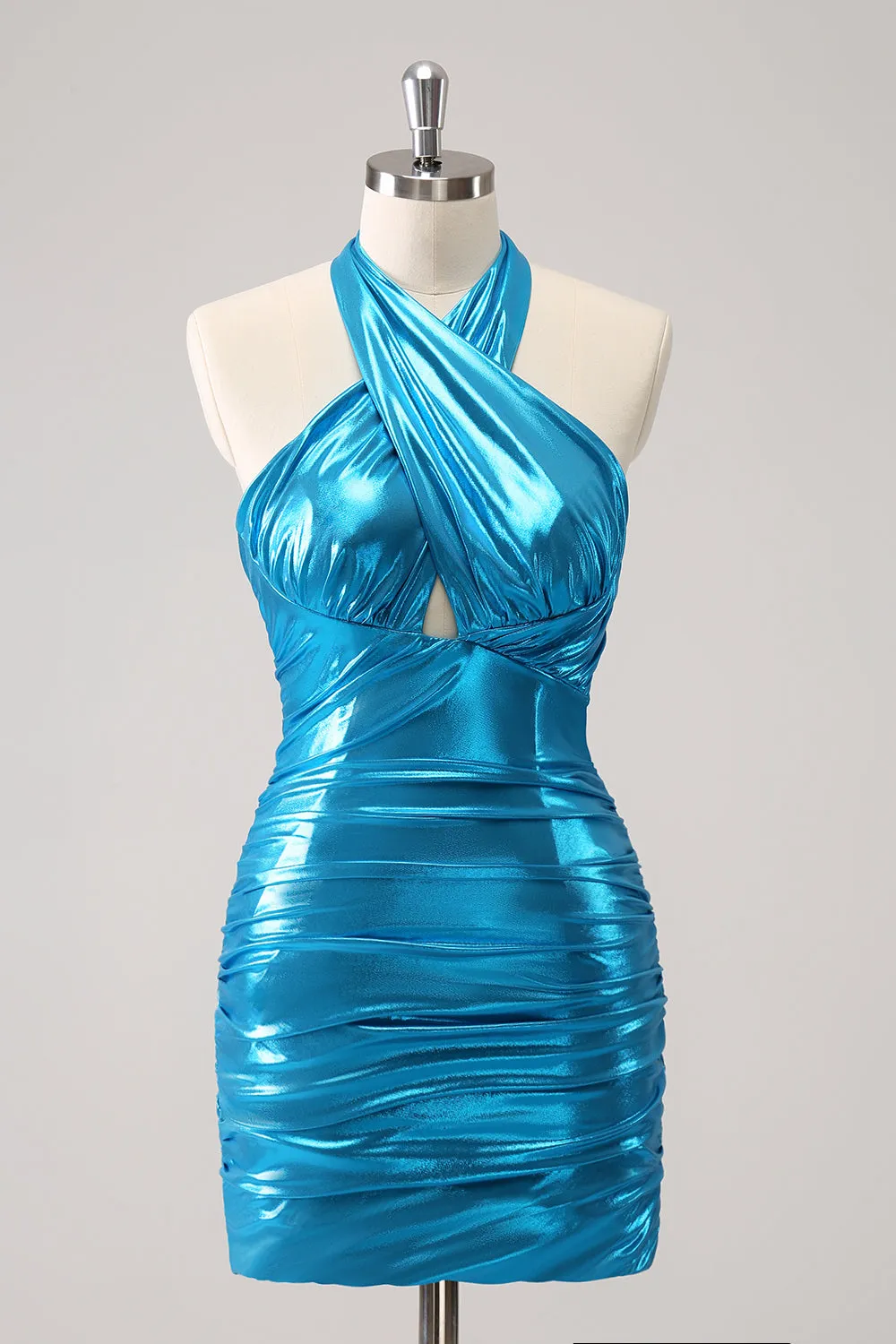 Metallic Tight Halter Backless Satin Blue Homecoming Dress sold by Zapaka