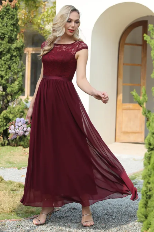 Burgundy Cap Sleeves Chiffon Bridesmaid Dress sold by Zapaka