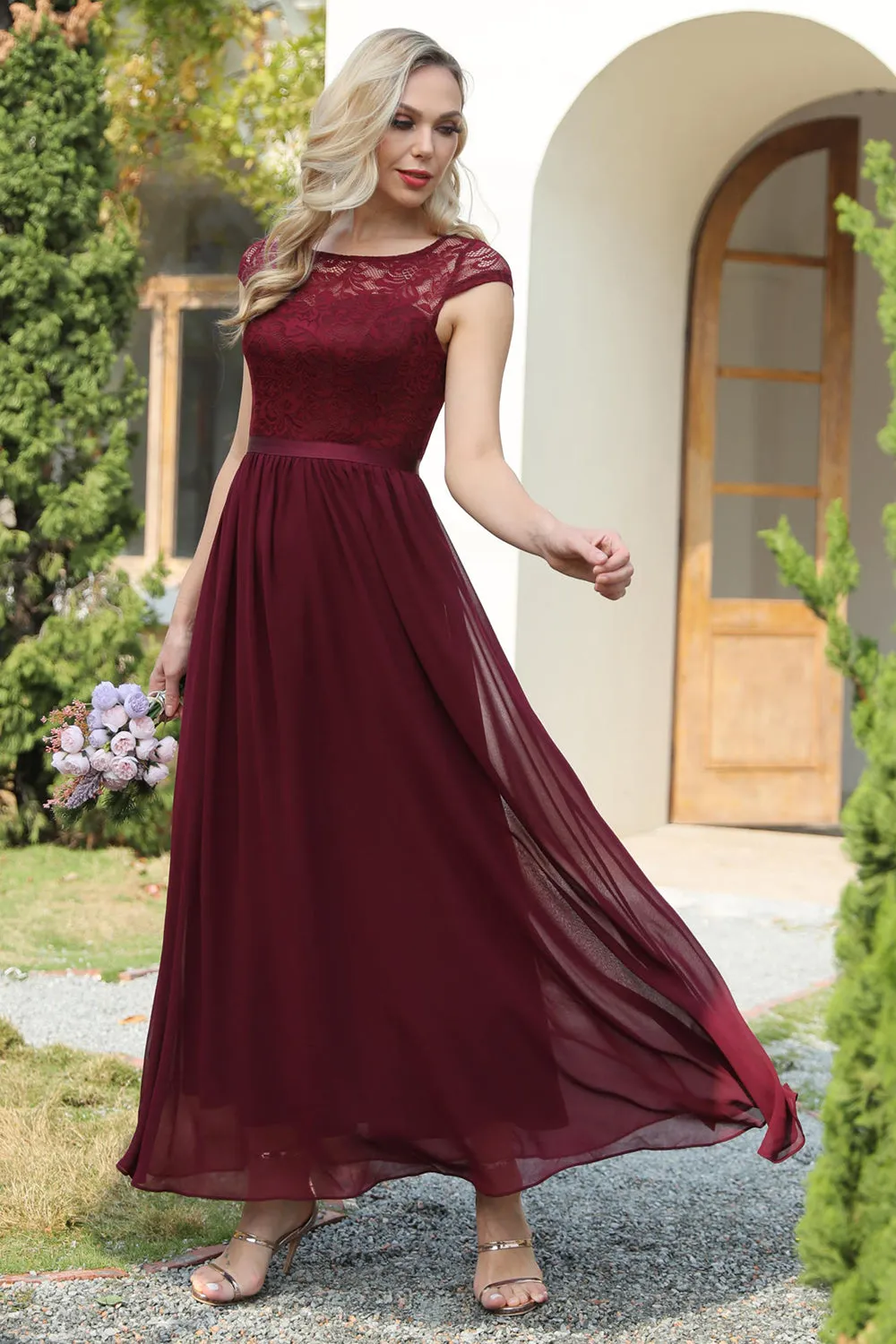 Burgundy Cap Sleeves Chiffon Bridesmaid Dress sold by Zapaka