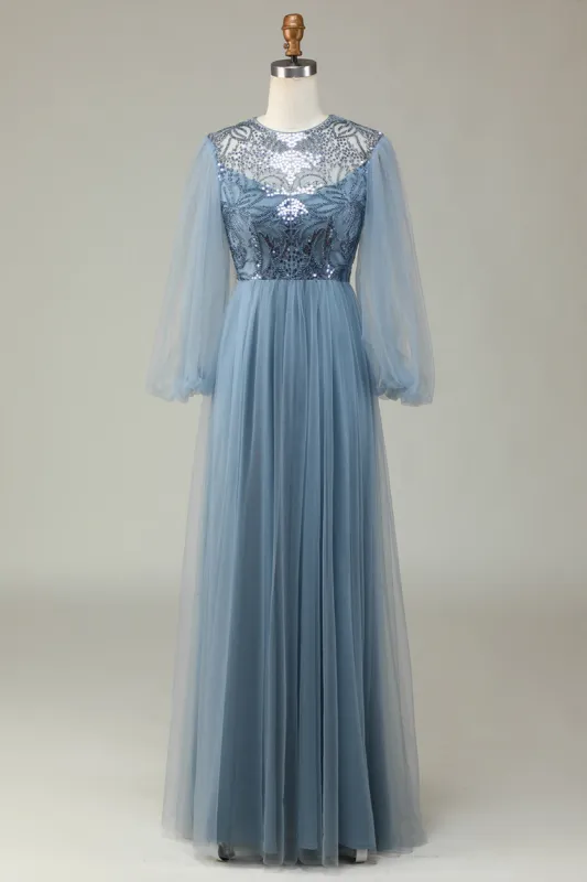 A Line Grey Blue Sequin Long Sleeves Bridesmaid Dress sold by Zapaka