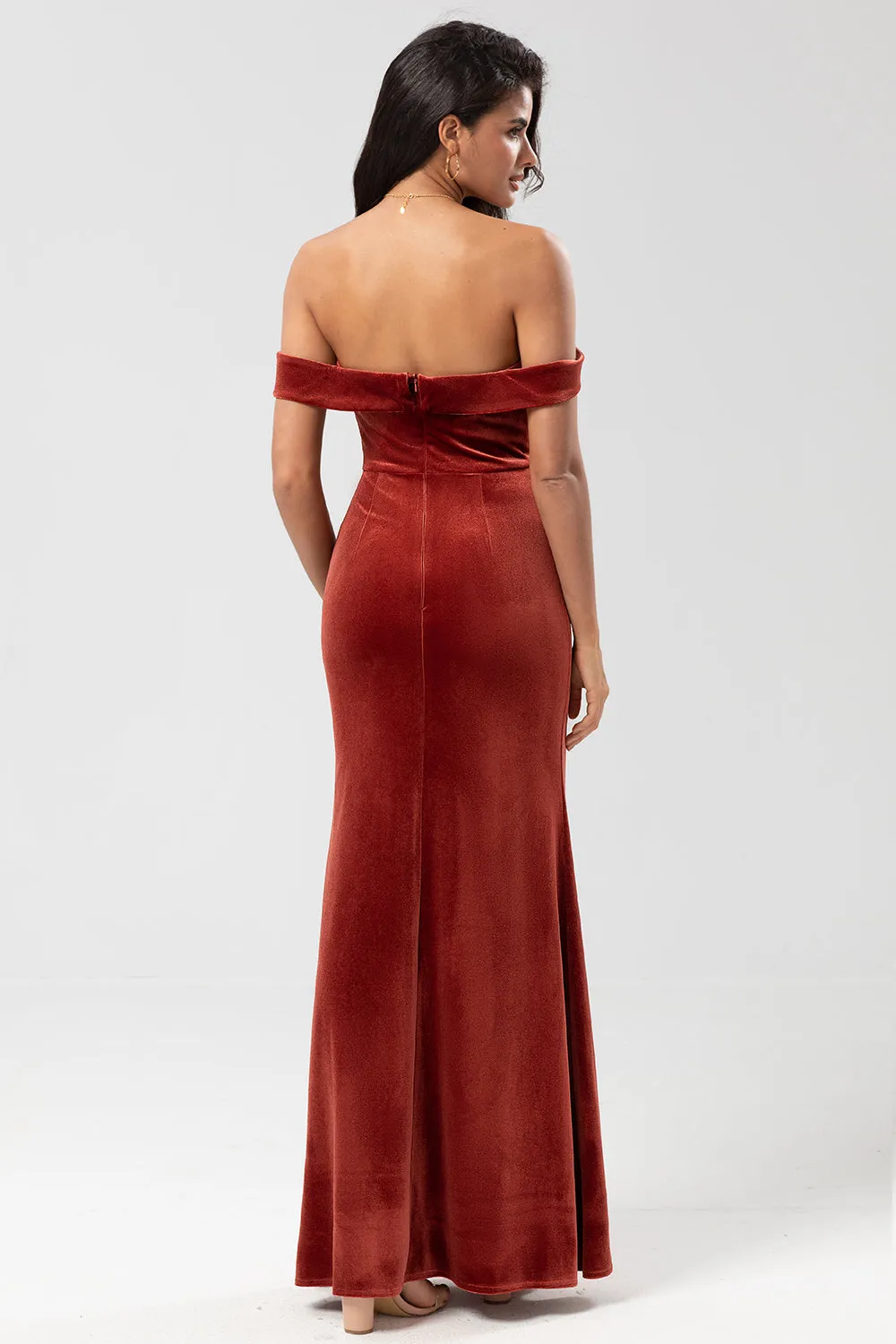 Keeper of My Heart Mermaid Off the Shoulder Terracotta Velvet Bridesmaid Dress sold by Zapaka product image thumbnail 2