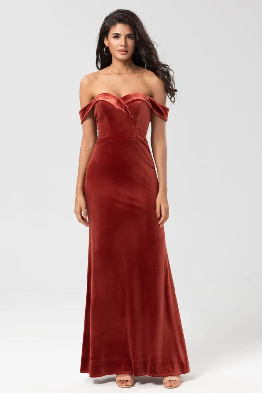 Keeper of My Heart Mermaid Off the Shoulder Terracotta Velvet Bridesmaid Dress sold by Zapaka