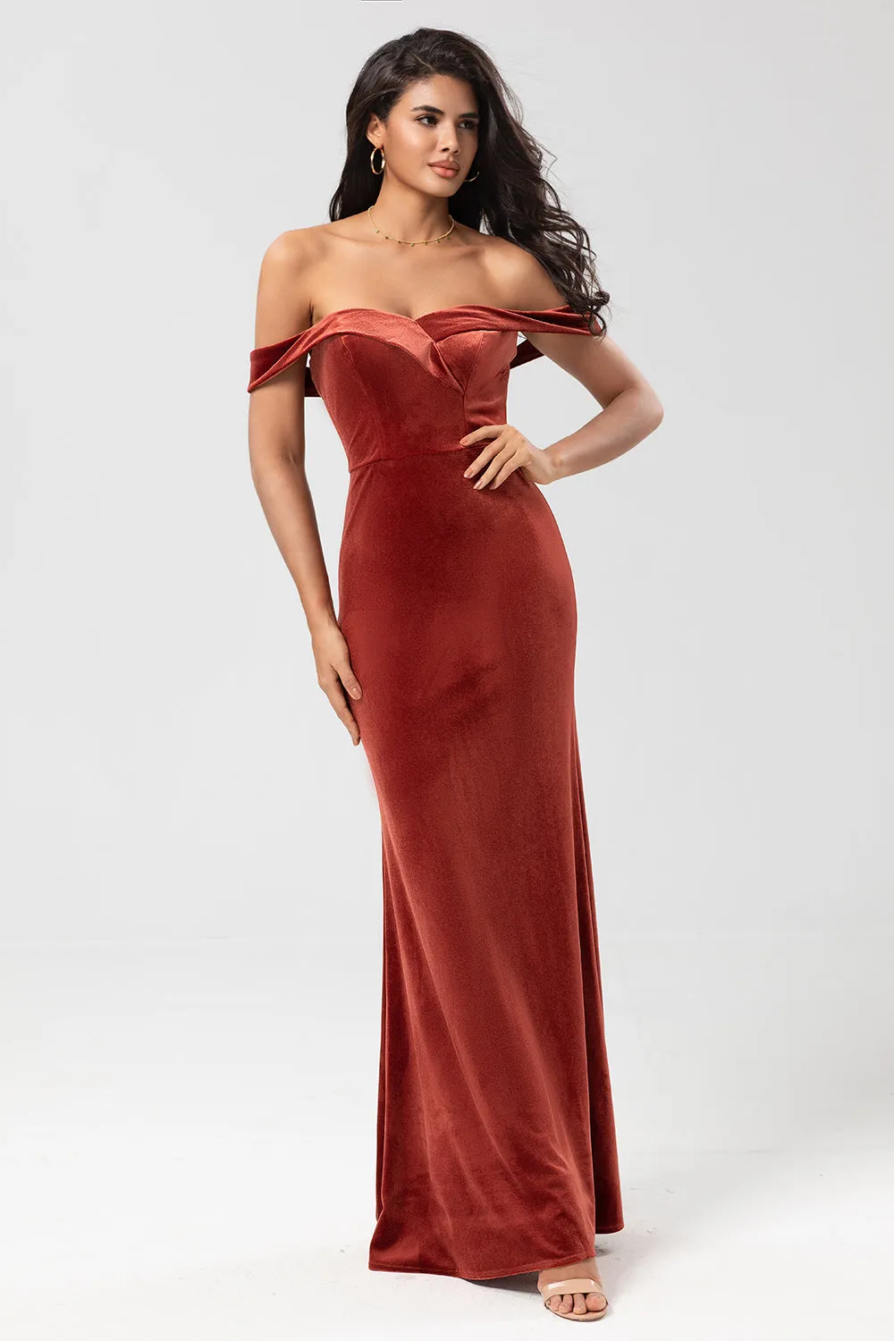 Keeper of My Heart Mermaid Off the Shoulder Terracotta Velvet Bridesmaid Dress sold by Zapaka product image thumbnail 3