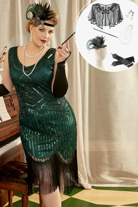 Green 1920s Plus Size Dress with 20s Accessories Set sold by Zapaka