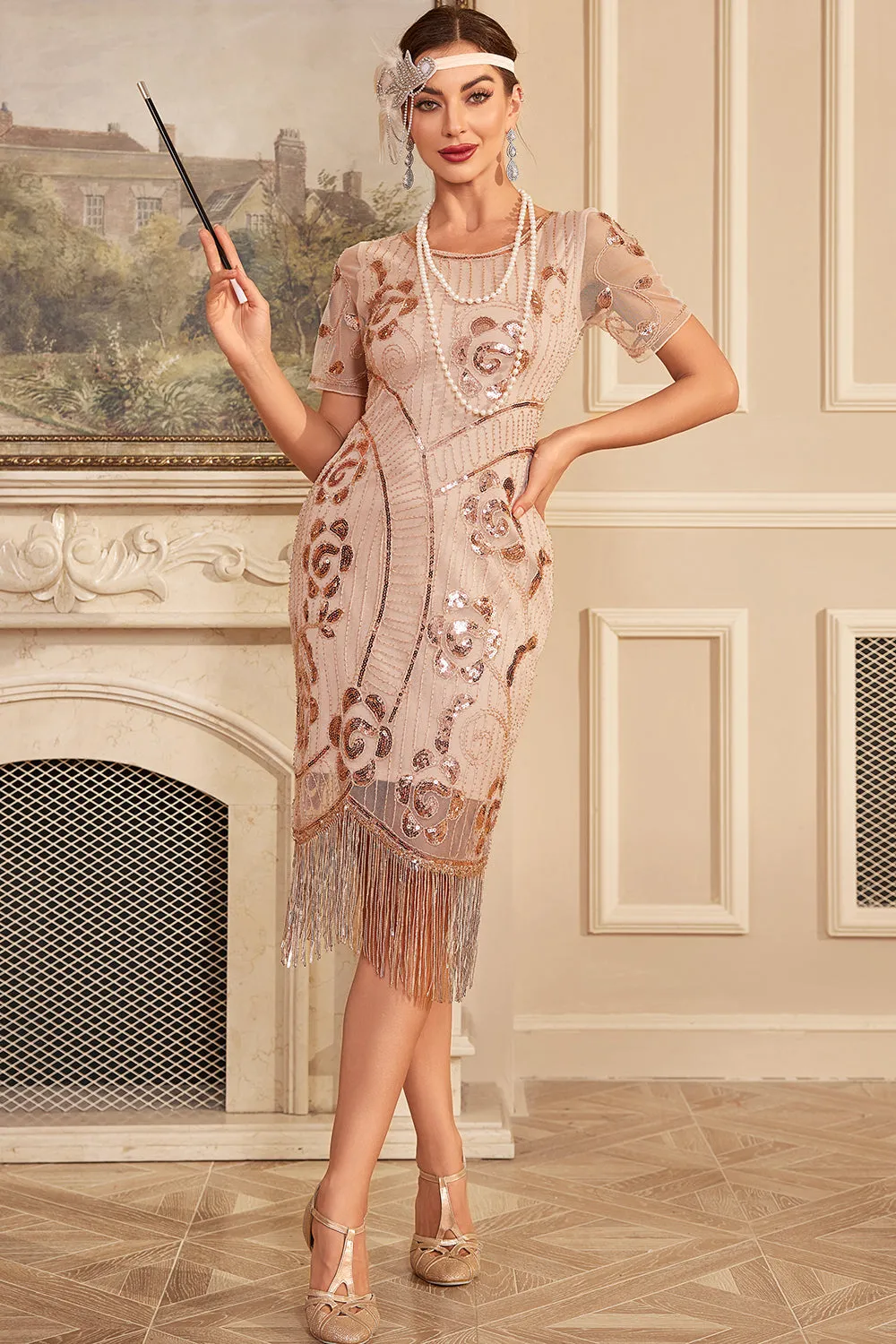 Sparkly Blush Fringes 1920s Dress with Accessories Set sold by Zapaka product image thumbnail 5