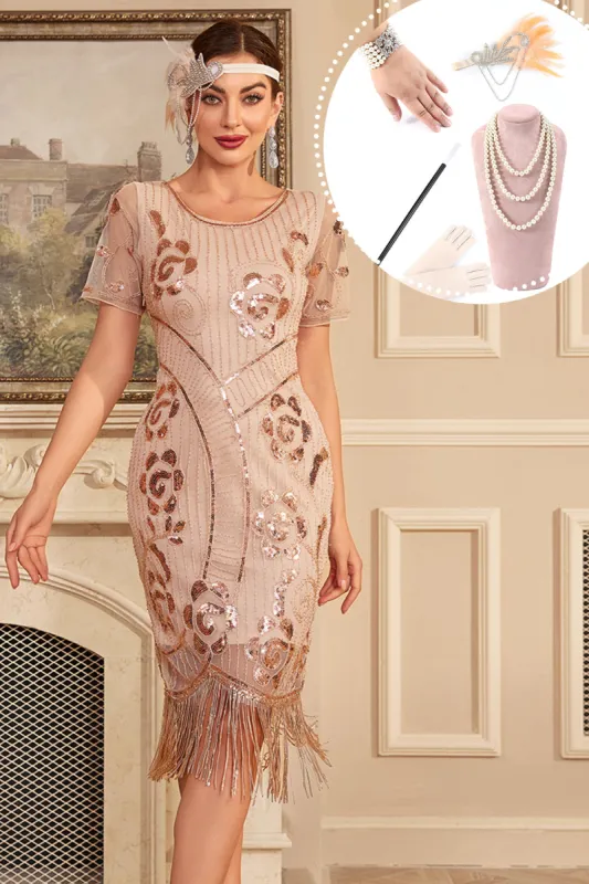 Sparkly Blush Fringes 1920s Dress with Accessories Set sold by Zapaka