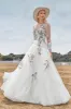 Gorgeous A Line Tulle Long Sleeves Long Ivory Wedding Dress with Embroidery sold by Zapaka