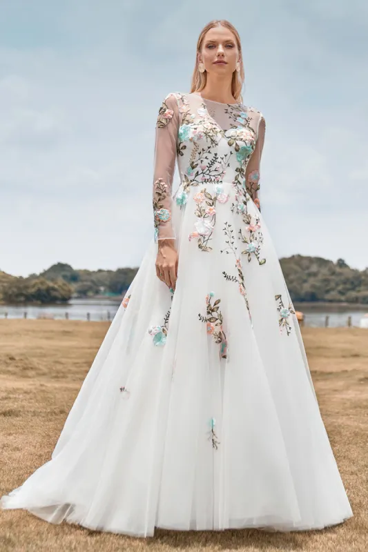 Gorgeous A Line Tulle Long Sleeves Long Ivory Wedding Dress with Embroidery sold by Zapaka