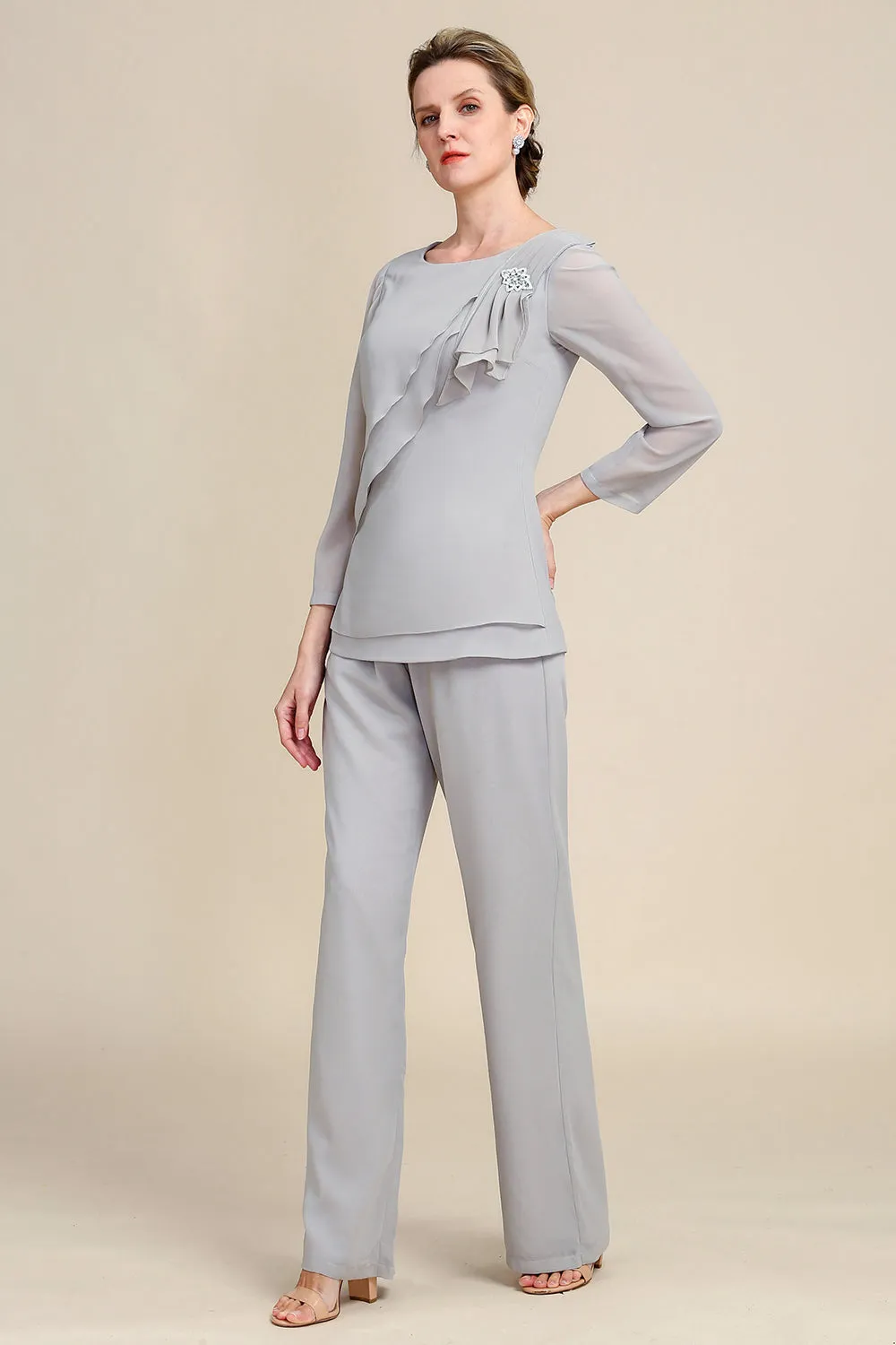 Grey Long Sleeves 2 Piece Mother of the Bride Pant Suits sold by Zapaka product image thumbnail 5