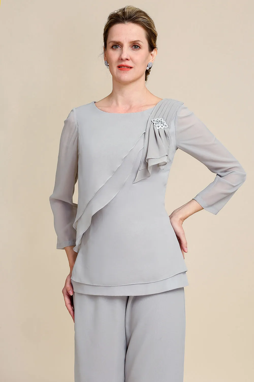 Grey Long Sleeves 2 Piece Mother of the Bride Pant Suits sold by Zapaka product image thumbnail 2