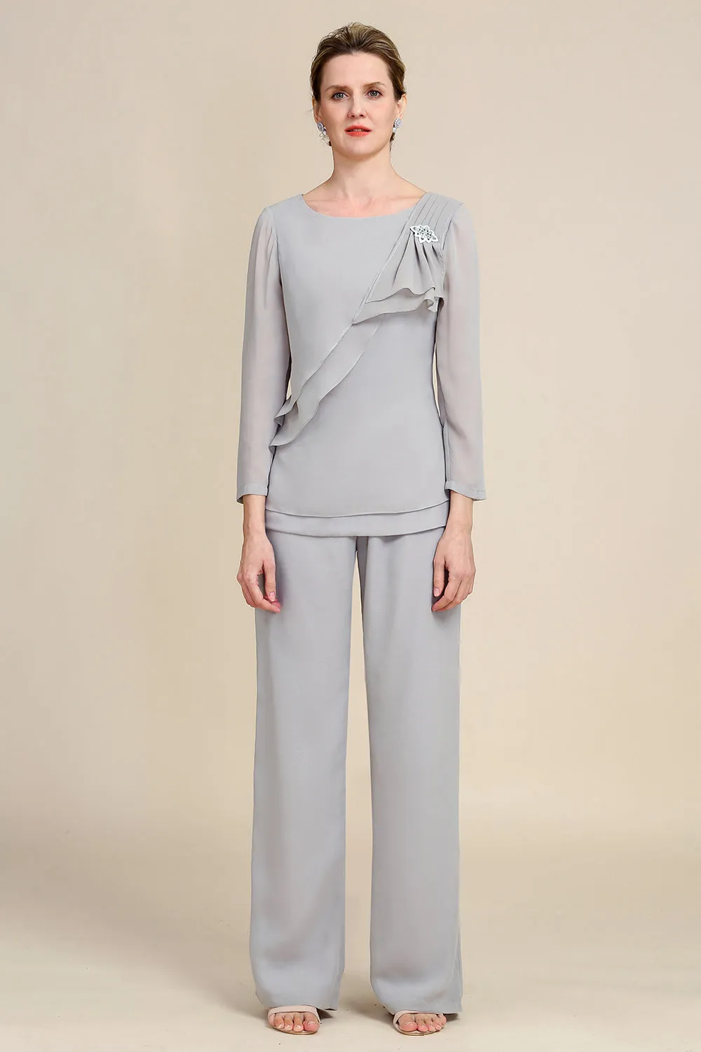 Grey Long Sleeves 2 Piece Mother of the Bride Pant Suits sold by Zapaka product image thumbnail 4