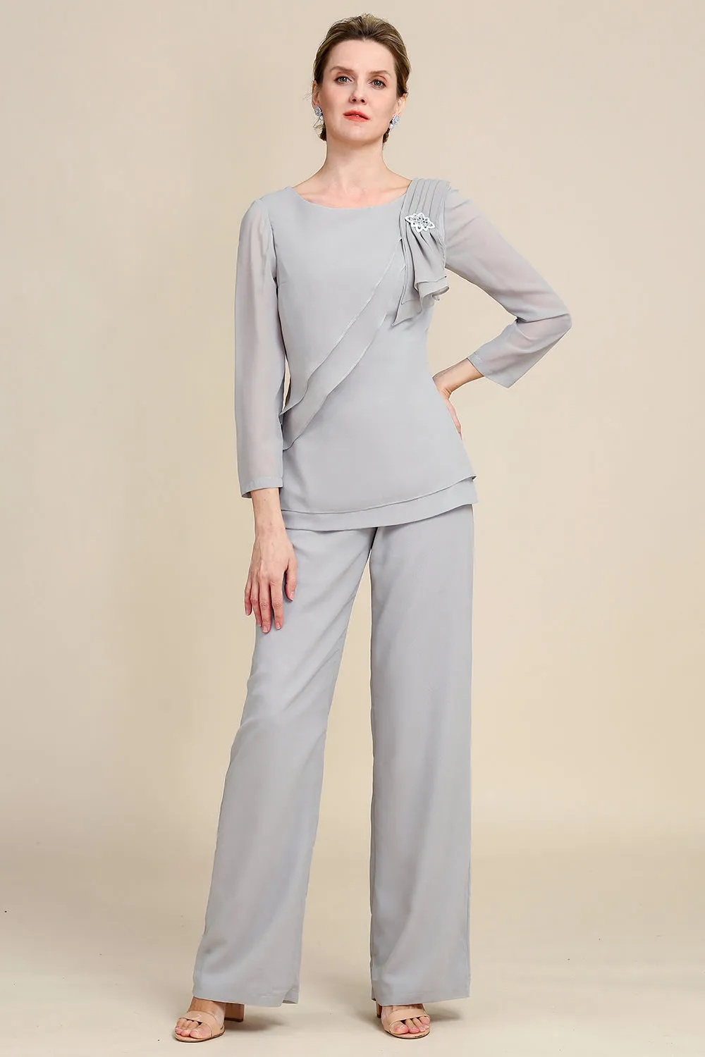 Grey Long Sleeves 2 Piece Mother of the Bride Pant Suits sold by Zapaka