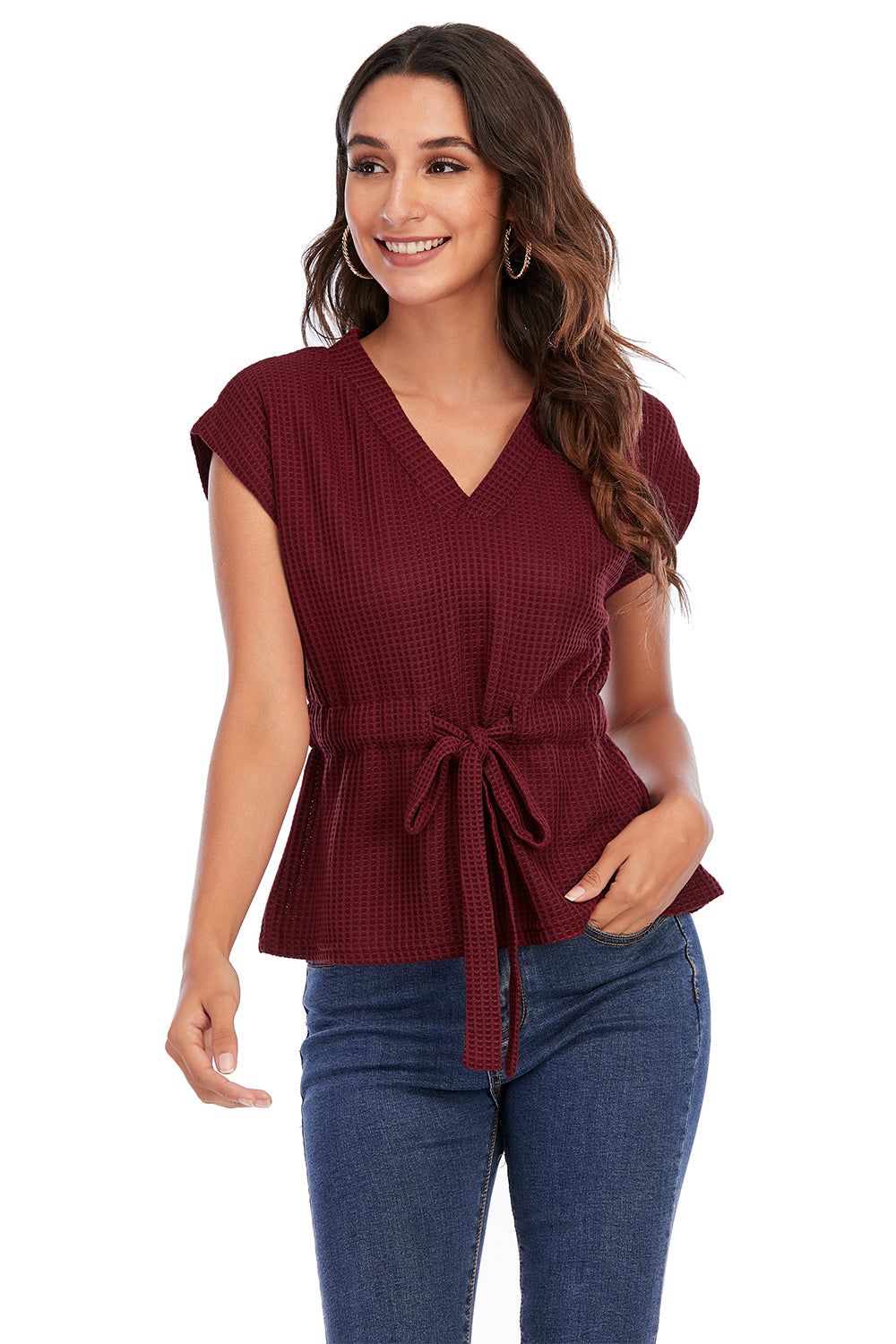 V Neck Burgundy Lace-Up Tops sold by Zapaka product image thumbnail 3