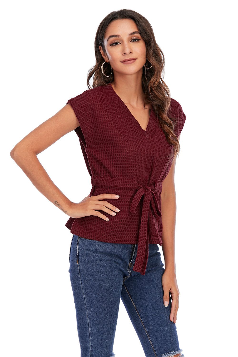 V Neck Burgundy Lace-Up Tops sold by Zapaka product image thumbnail 4