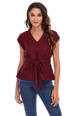 V Neck Burgundy Lace-Up Tops sold by Zapaka