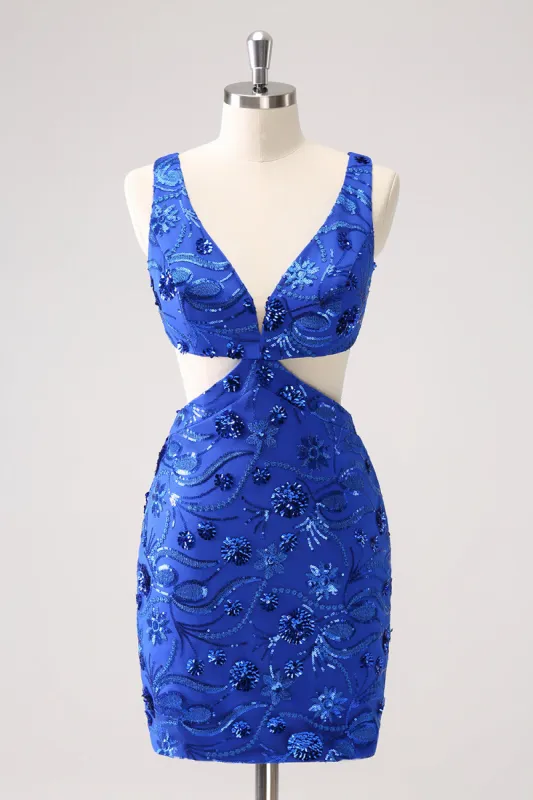Royal Blue Bodycon Cut Out Homecoming Dress with Beading sold by Zapaka