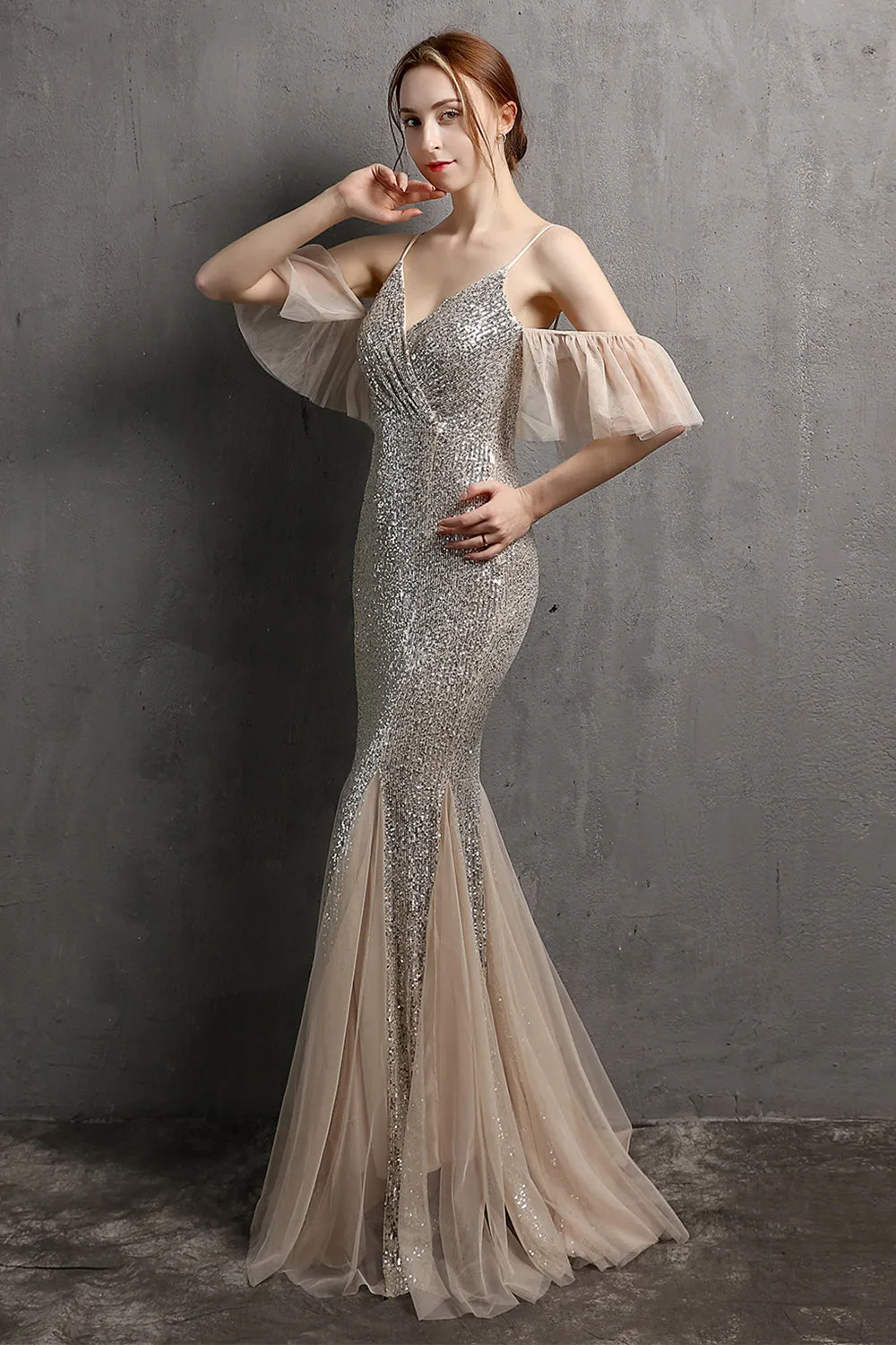 Champagne Sequin Long Prom Dress with Ruffles sold by Zapaka product image thumbnail 4