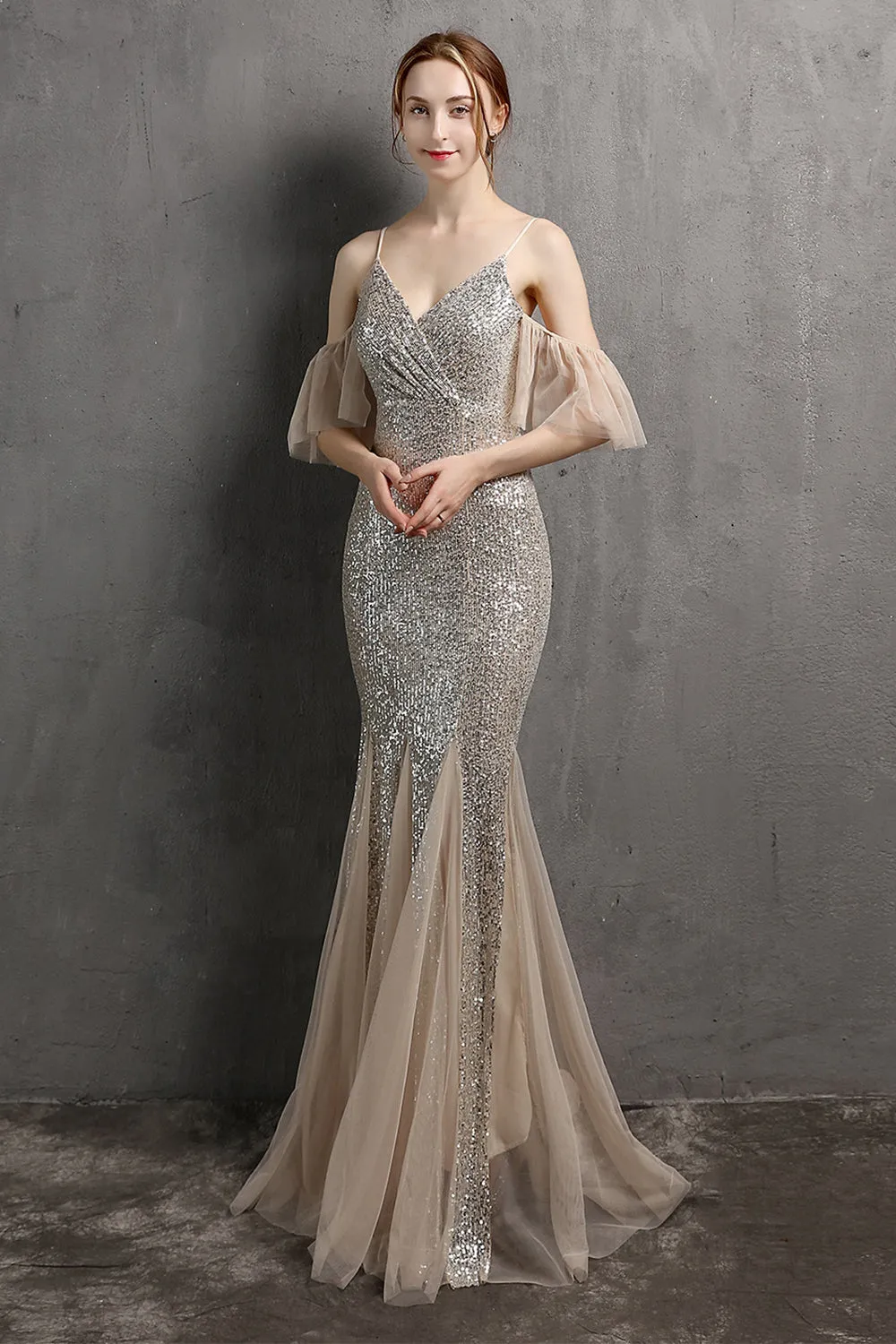 Champagne Sequin Long Prom Dress with Ruffles sold by Zapaka