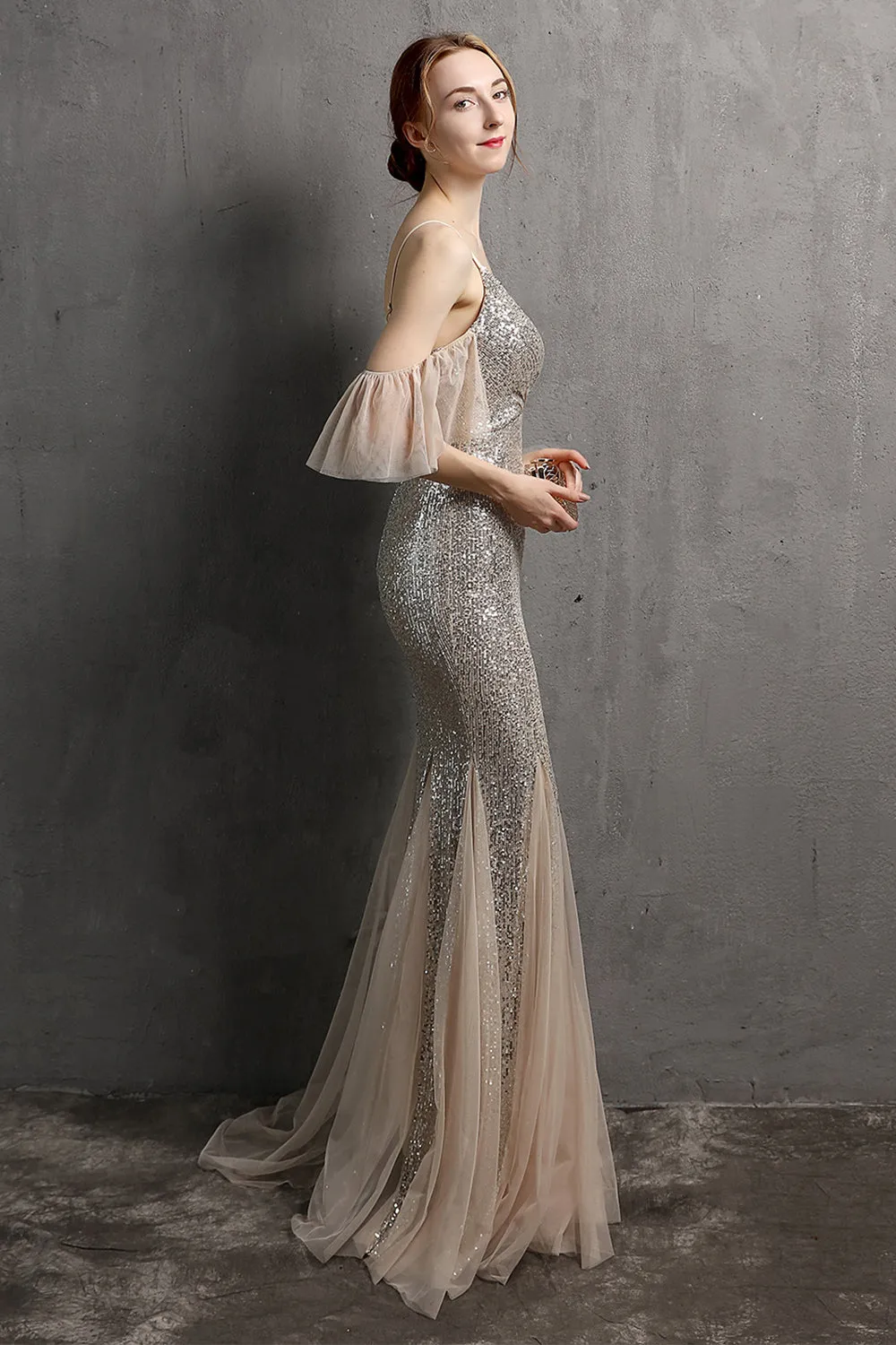Champagne Sequin Long Prom Dress with Ruffles sold by Zapaka product image thumbnail 5