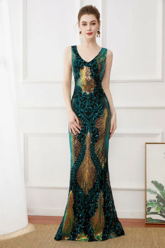 Dark Green Sequins Sheath Long 1920s Dress sold by Zapaka