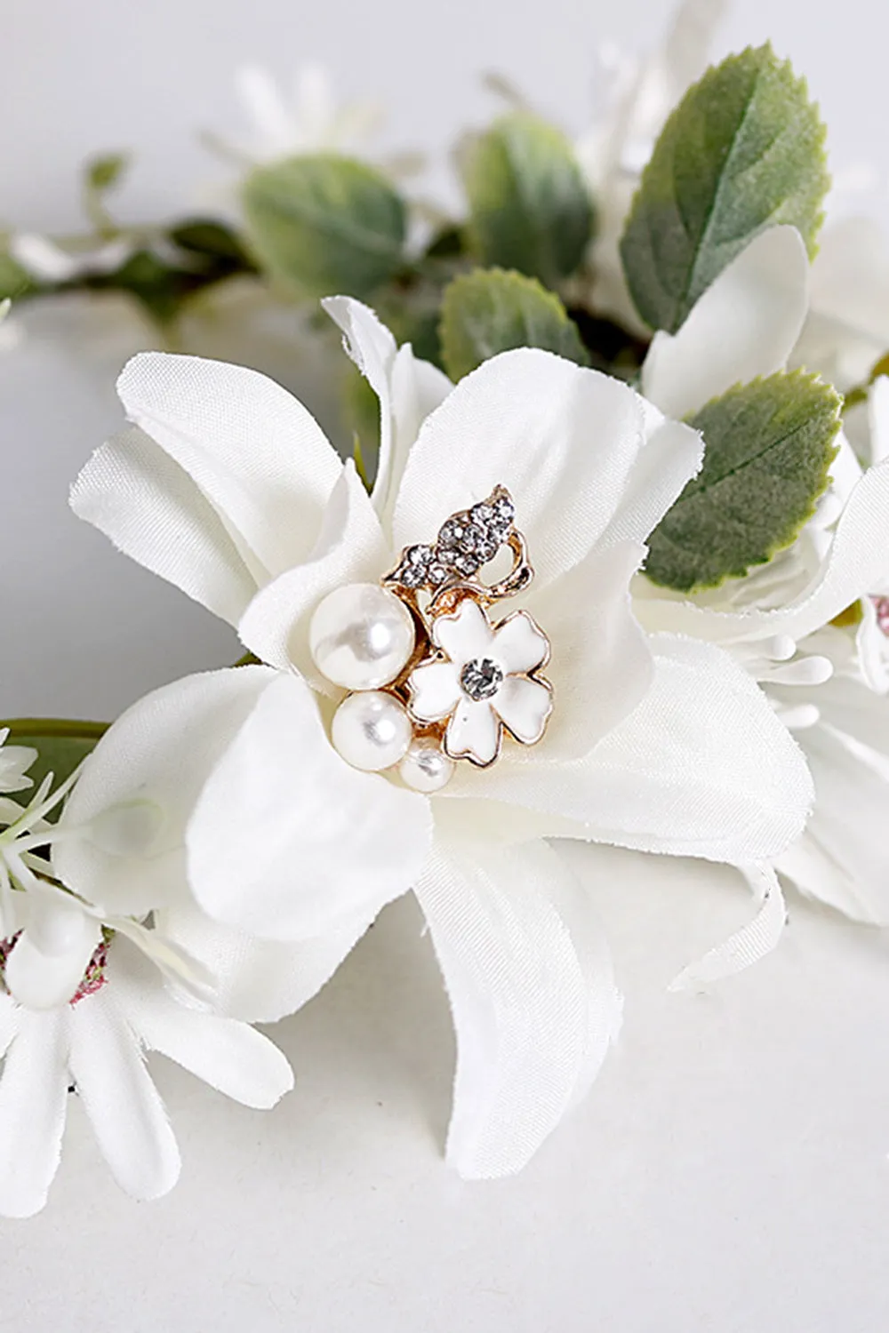 White Floral Wedding Headband Hair Wreath with Ribbon sold by Zapaka product image thumbnail 5