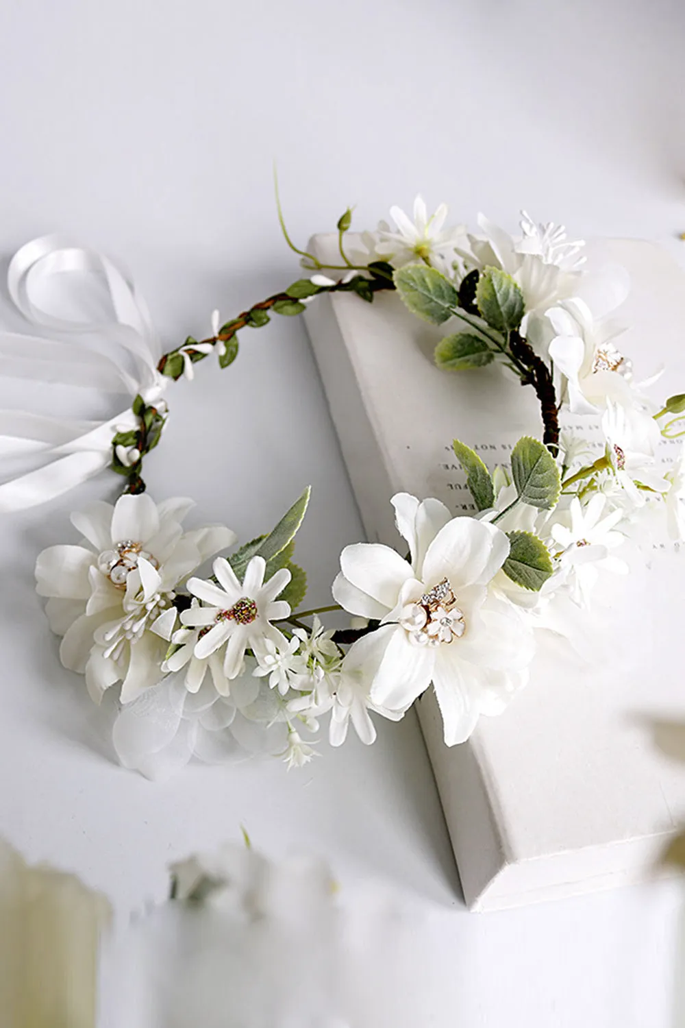 White Floral Wedding Headband Hair Wreath with Ribbon sold by Zapaka product image thumbnail 2