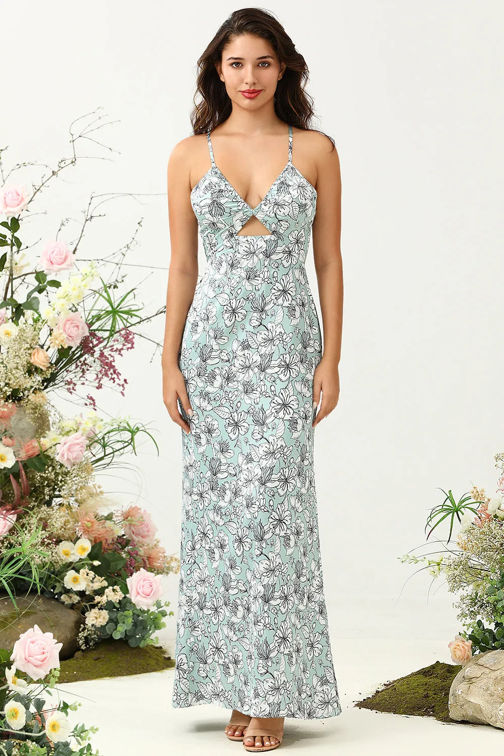 Grey Green Mermaid Floral Bridesmaid Dress sold by Zapaka