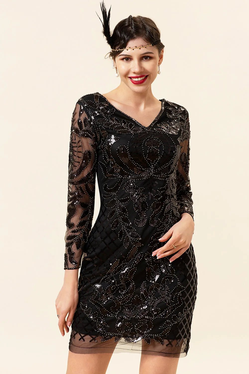 Black Sequined Long Sleeves 1920s Gatsby Flapper Party Dress with 20s Accessories Set sold by Zapaka product image thumbnail 3