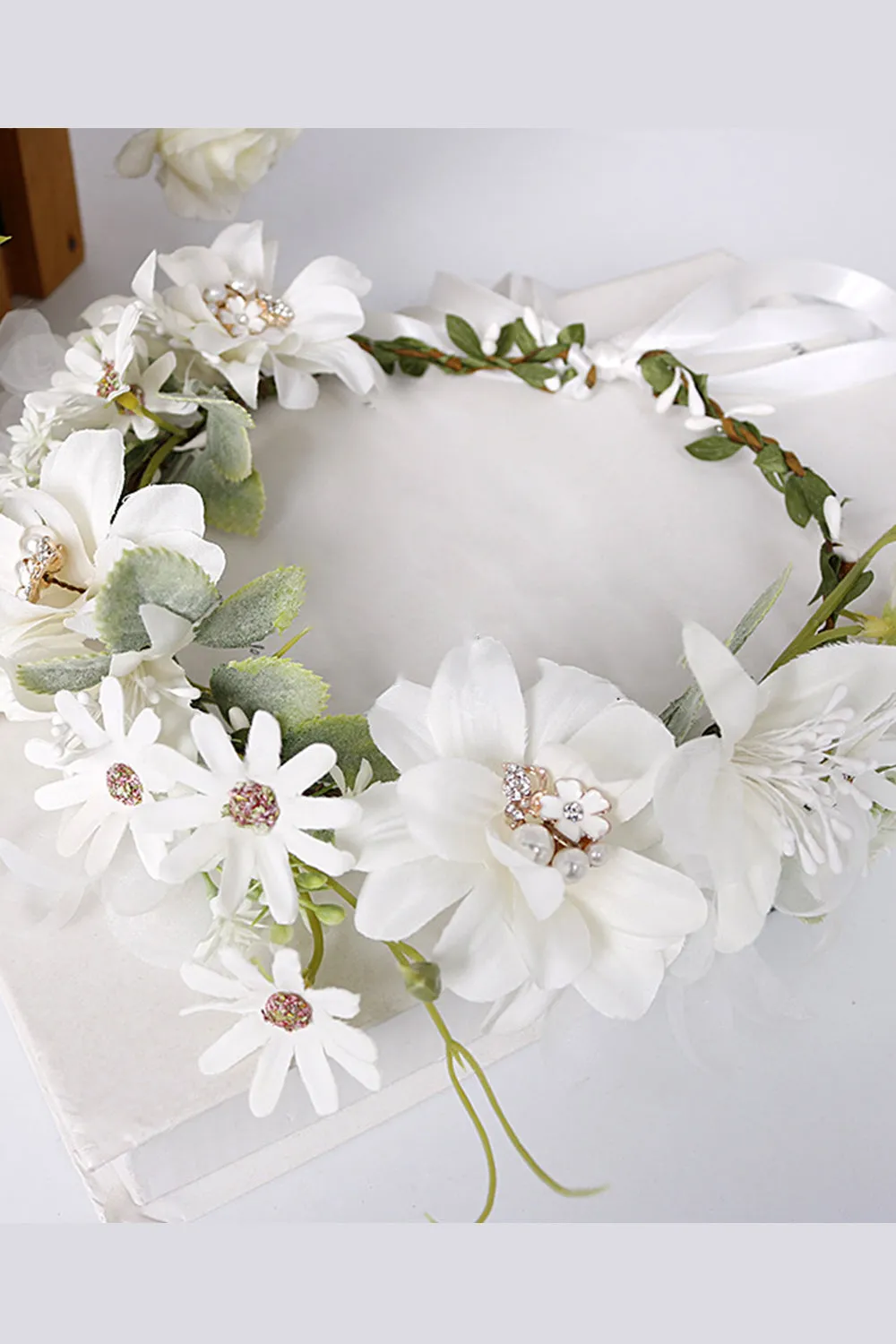 White Floral Wedding Headband Hair Wreath with Ribbon sold by Zapaka product image thumbnail 3