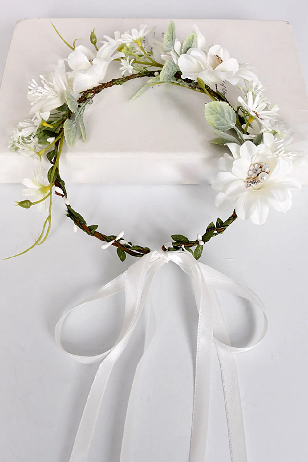 White Floral Wedding Headband Hair Wreath with Ribbon sold by Zapaka product image thumbnail 4