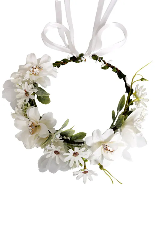 White Floral Wedding Headband Hair Wreath with Ribbon sold by Zapaka